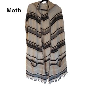 MOTH Women's Black Cream Poncho Cape Stripes Pockets Hood Tassels Longline Small